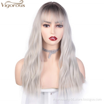 Vigorous Long Wavy Wig With Flat Bangs 100% Heat Resistant Synthetic Sliver Gray Wig Natural Looking Machine Made Wigs For Women